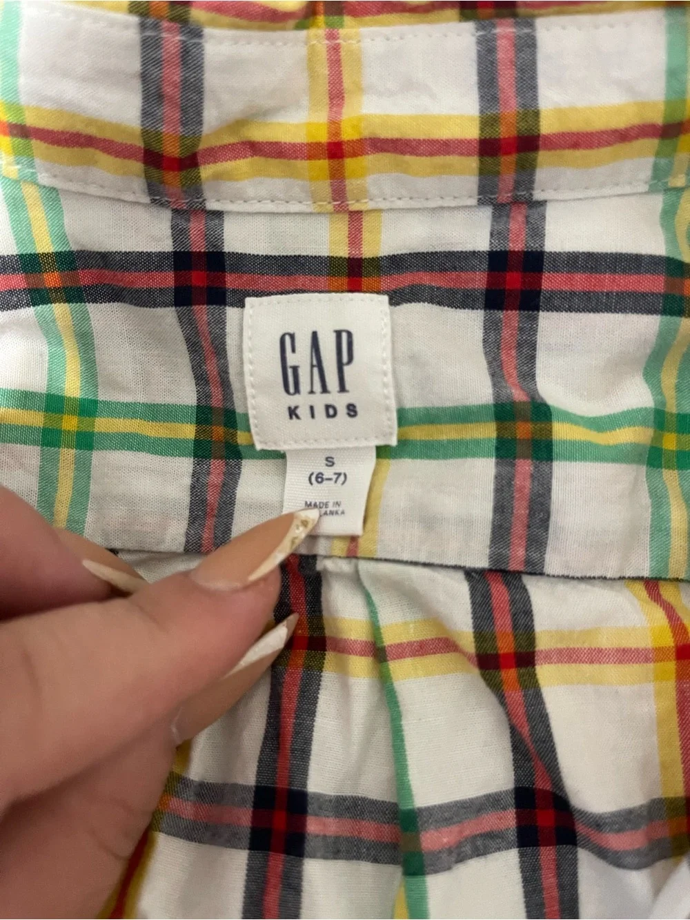 GAP Kids White Plaid Button-Down Shirt with Yellow, Green, Red and Black Stripes